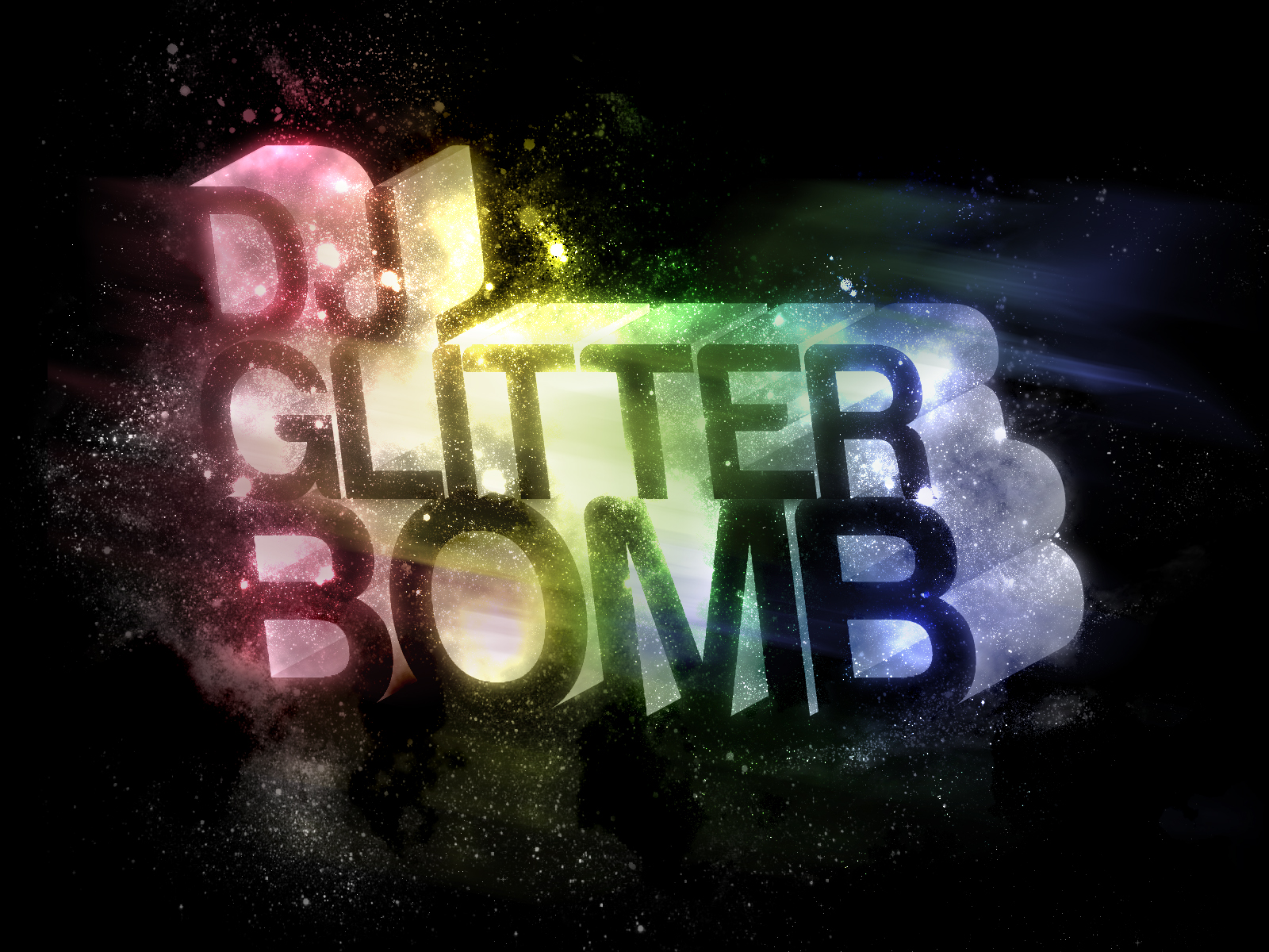 DJ GlitterBomb in stylized text with rainbow sparkles